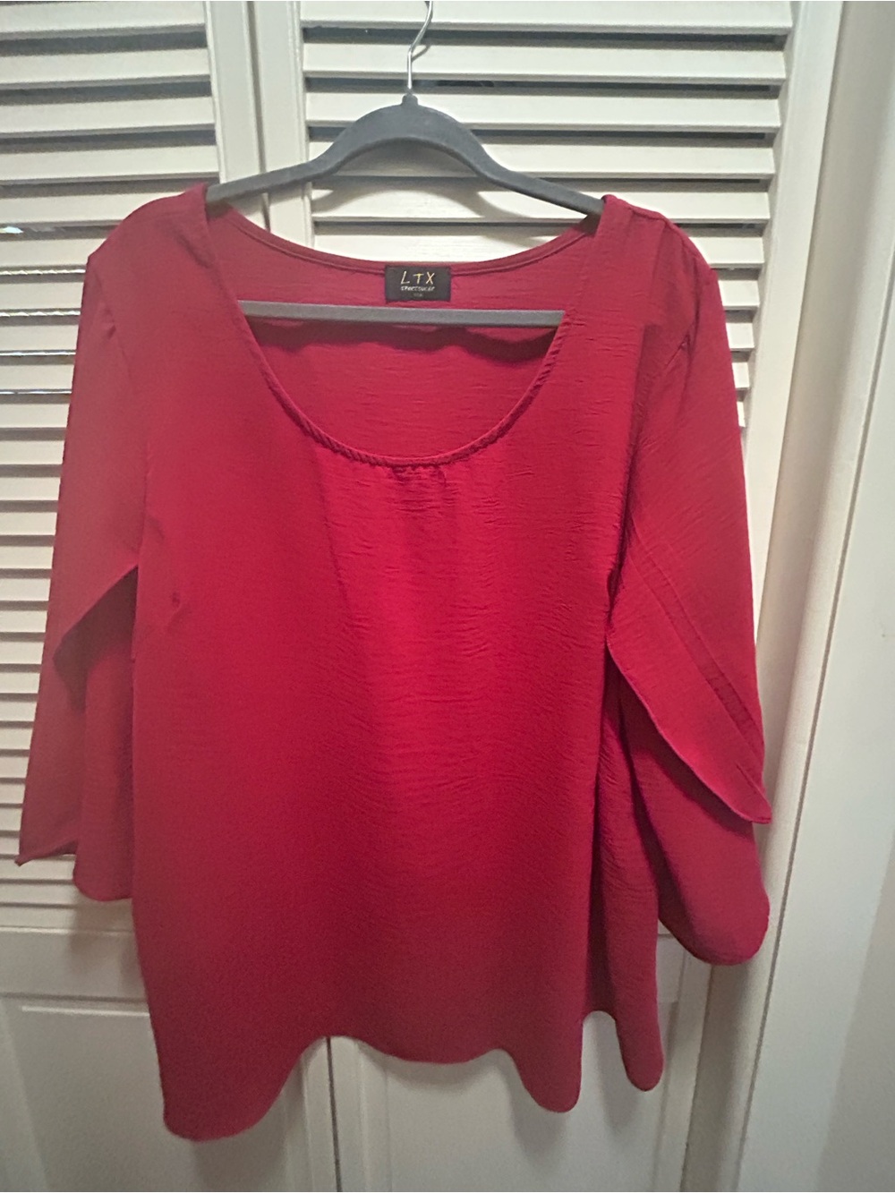 Red Scoop-Neck Blouse with Draped Three-Quarter Sleeves